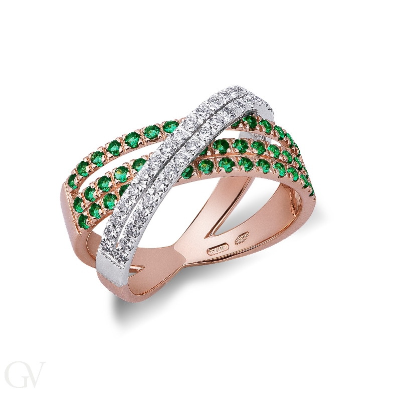 18k rosé and white gold ring with crossings of emeralds and diamonds 