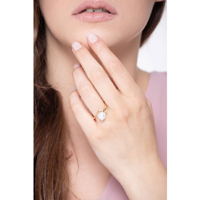 Yellow gold 18k crossover ring with pearl and diamonds 