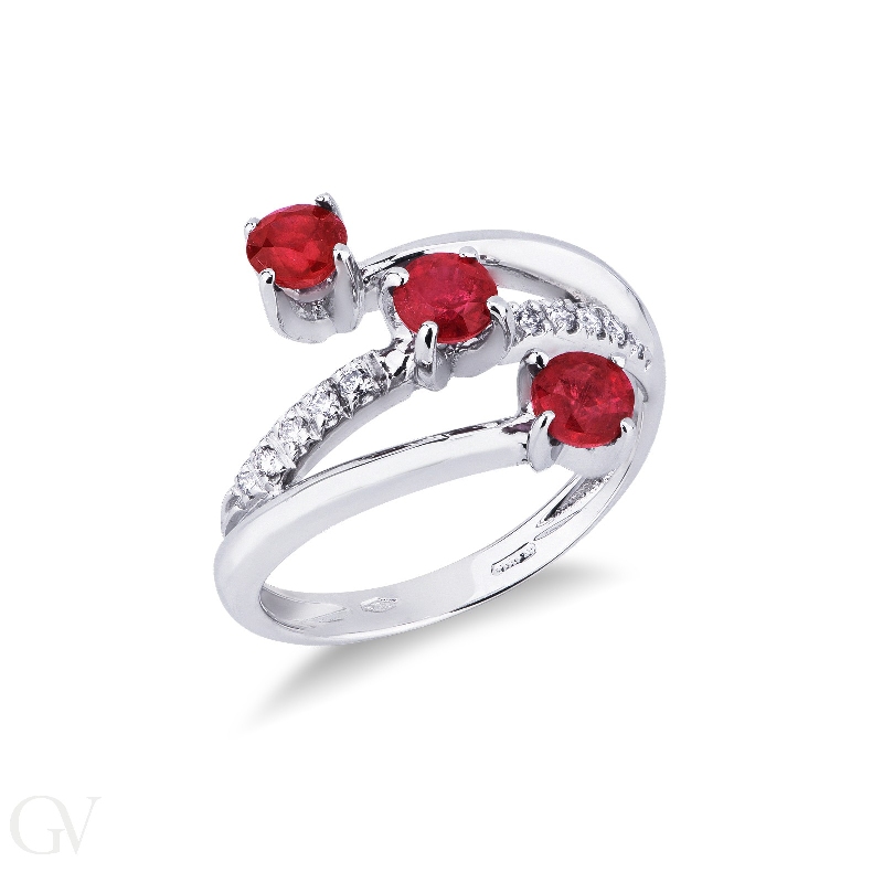 Trilogy type ring white gold 18k with diamonds and rubies