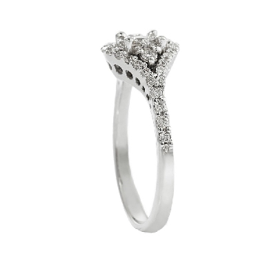 White gold 18k halo ring with diamonds central and shoulder set 