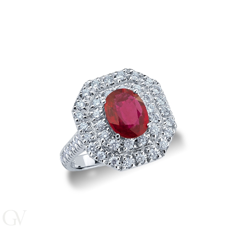 Diamond double halo with ruby white gold 18k 