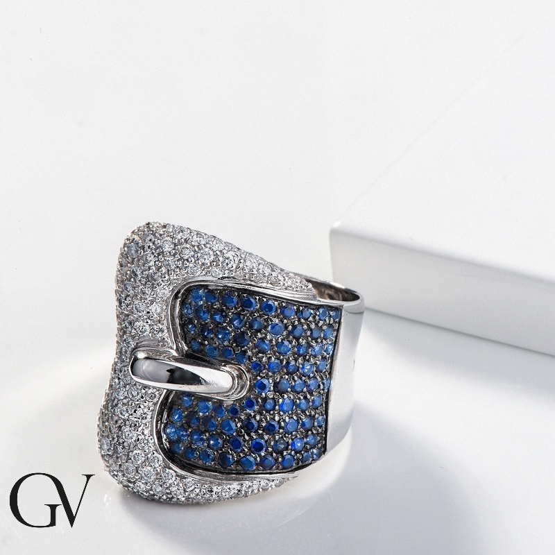 White gold 18k buckle ring with diamonds and blue sapphires 