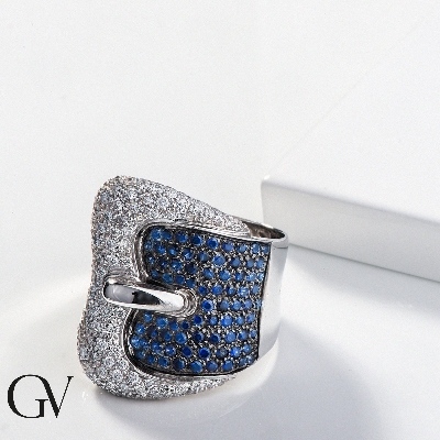 White gold 18k buckle ring with diamonds and blue sapphires 