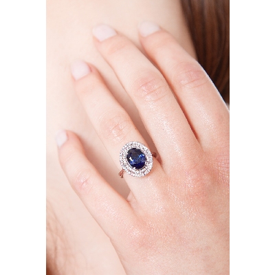 White gold 18k diamond double halo ring with blue sapphire 