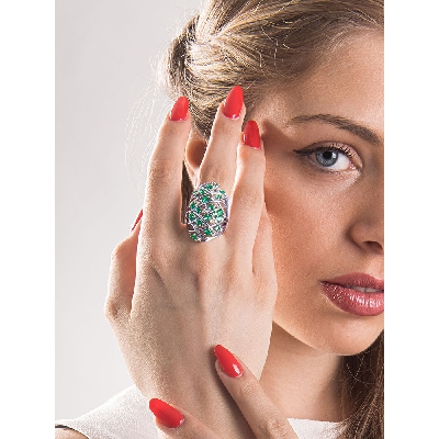 18k white gold band braided wire ring with emeralds and diamonds 