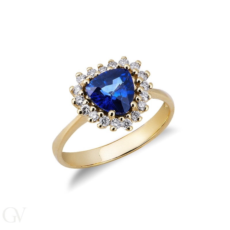 Halo ring with blue sapphire heart cut and diamonds yellow gold 18k