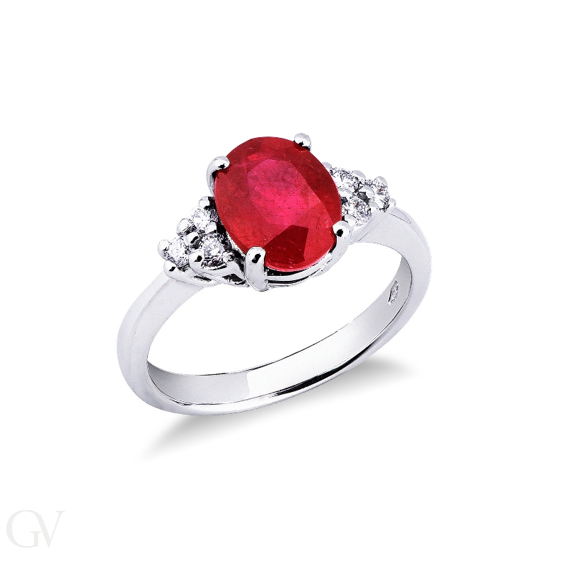 Ring with central ruby and diamonds white gold 18k