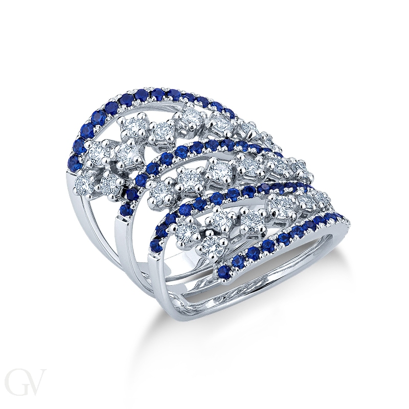 18k white gold ring with waves of blue sapphires and diamonds 