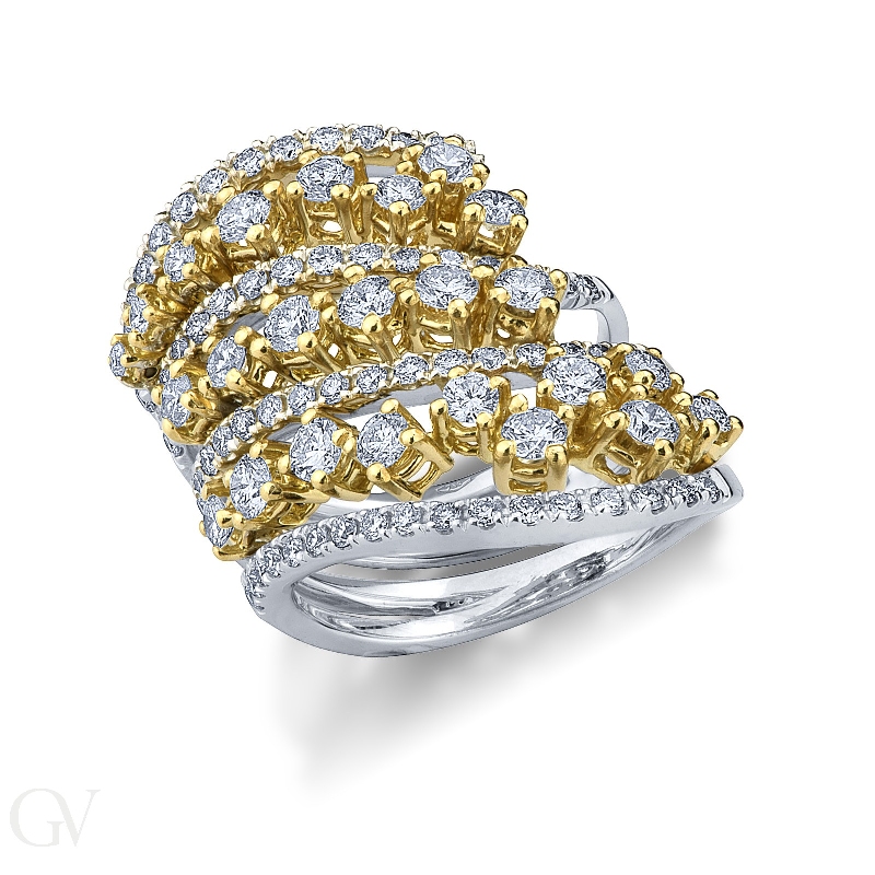 18k white and yellow gold ring with diamonds waves 