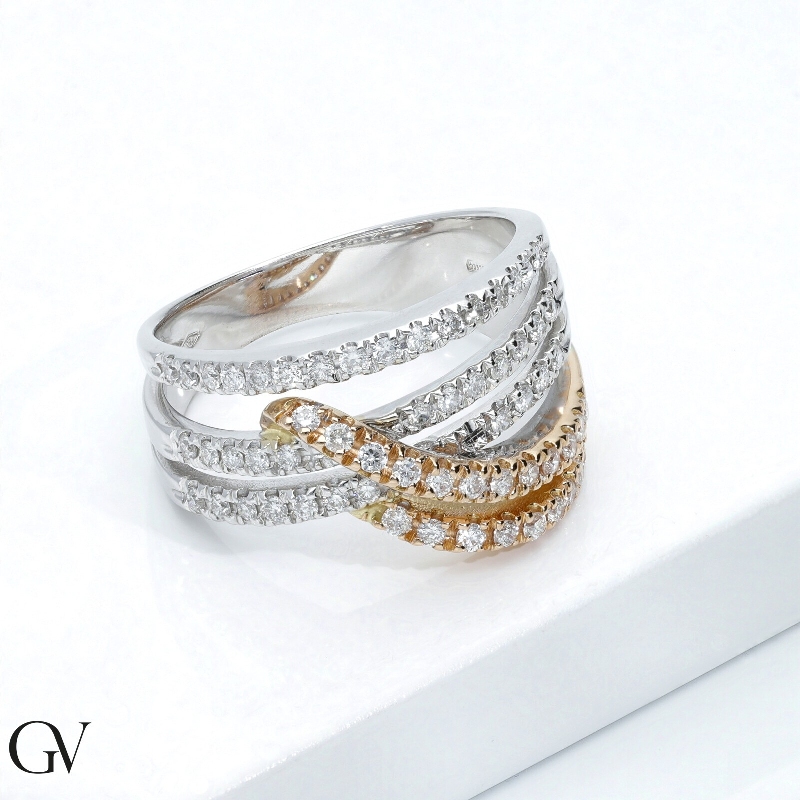 18k white and rosé gold crossover ring with diamonds 
