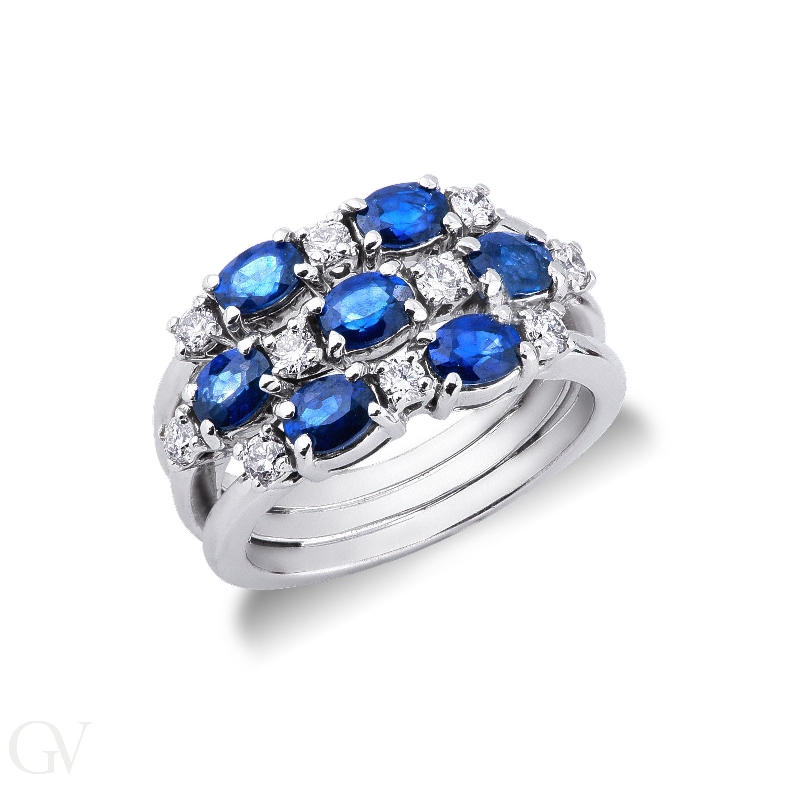 18k white gold ring with three rows of blue sapphires and diamonds 