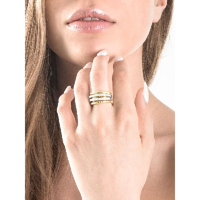 18k white and yellow gold ring with rows of diamonds 