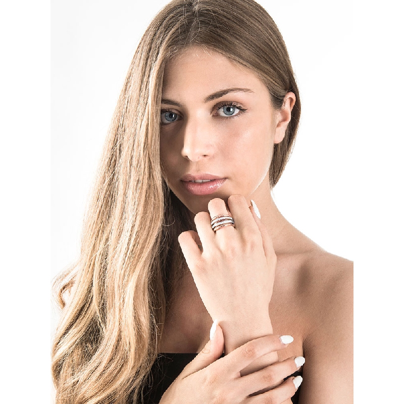 18k white and rosé gold crossover ring with diamonds rows 