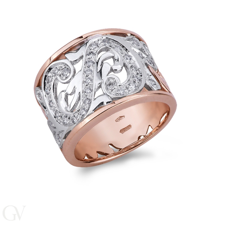 Band ring in white and rosé gold 18k with diamonds 