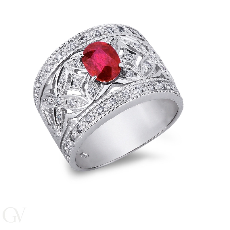 Embroided band ring in white gold 18k with diamonds and ruby 