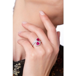 White gold 18k curved shank ring with diamonds and rubies heart cut  2