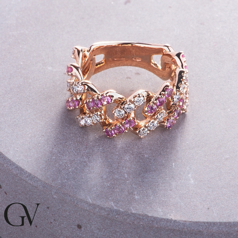 Anello Cuban Link in oro Rosa 18k con Zaffiri Rosa e Diamanti