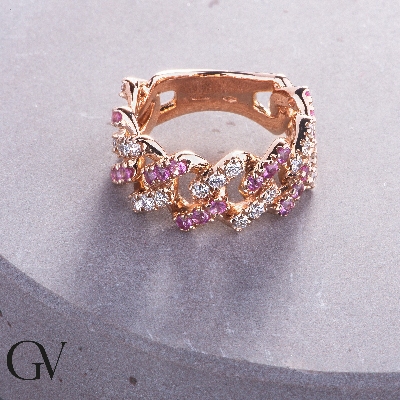 Anello Cuban Link in oro Rosa 18k con Zaffiri Rosa e Diamanti