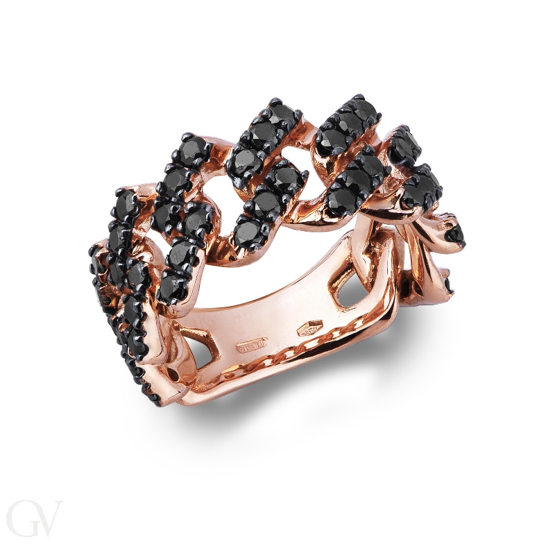 Rosé gold 18k cuban chain link ring with black diamonds  