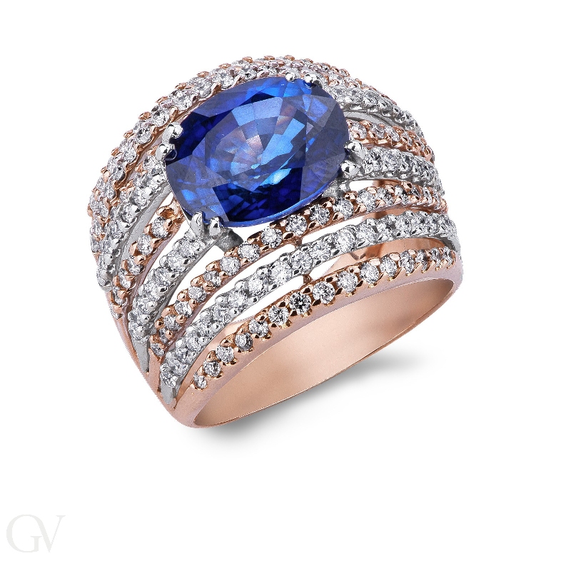 Band ring in white and rosé gold 18k with blue sapphire and diamonds 