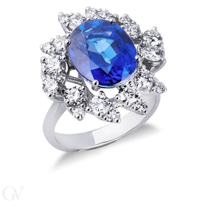 Halo ring white gold 18k with diamonds and blue sapphire 