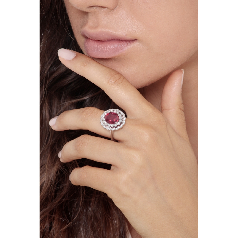 Double diamond halo ring with central ruby in white gold 18k