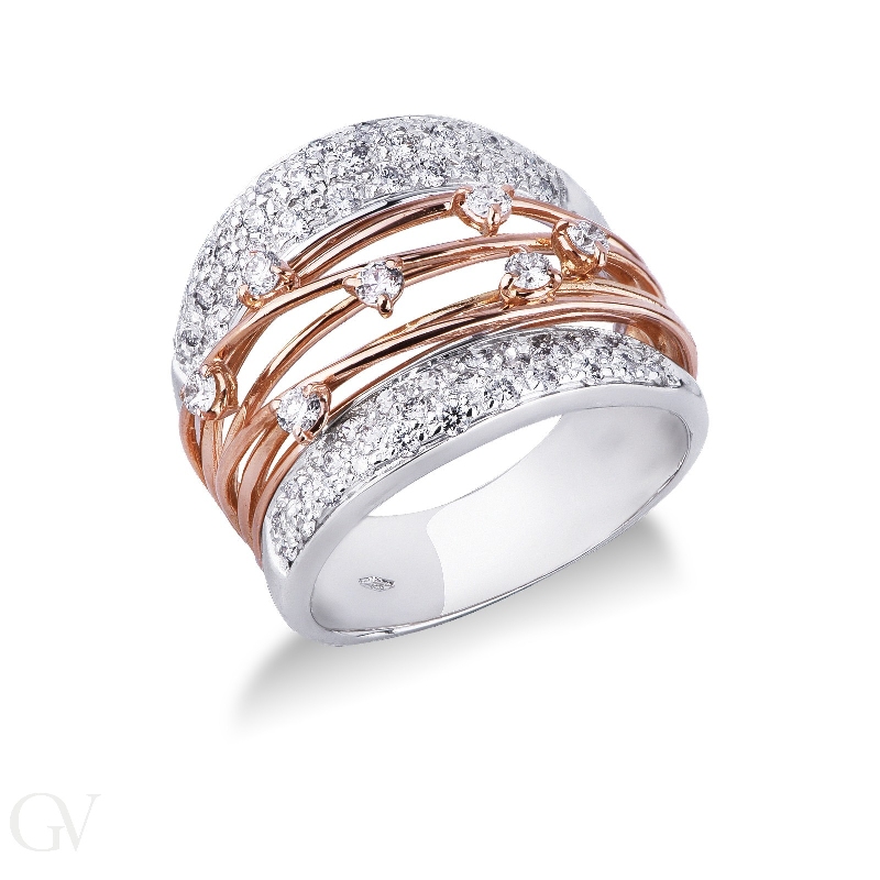 Band braided wire ring in white and rosé gold 18k with diamonds 