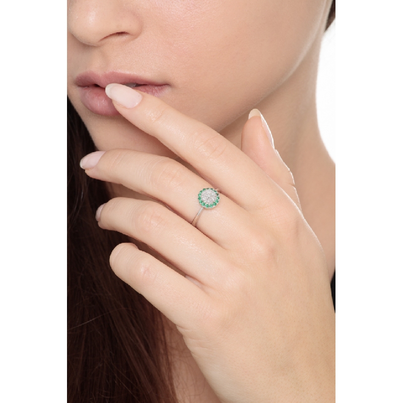 White gold 18k ring with diamonds and halo emeralds 
