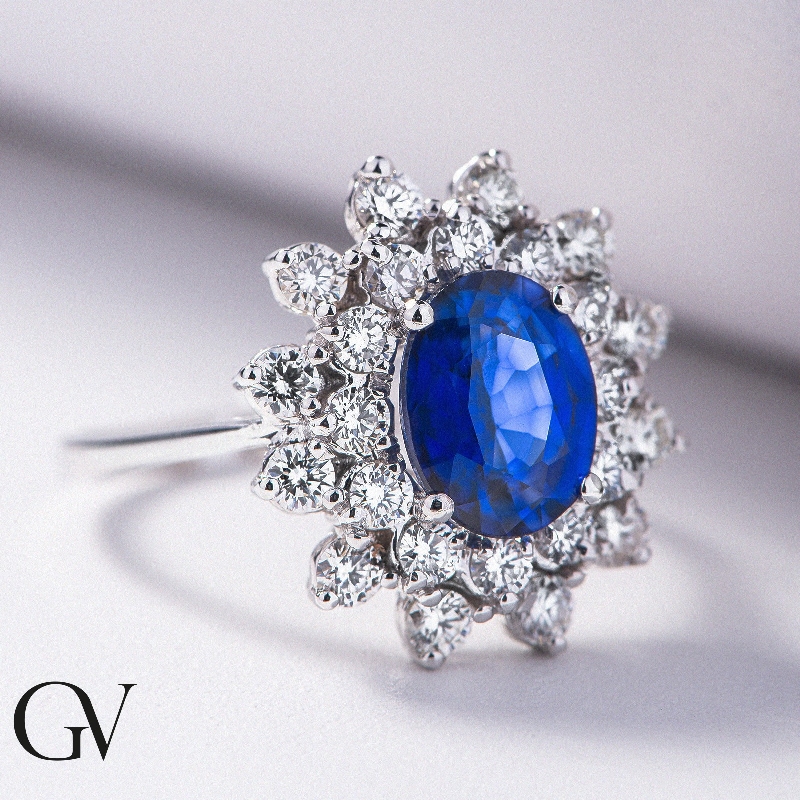 Diamond double halo ring with blue sapphire white gold 18k