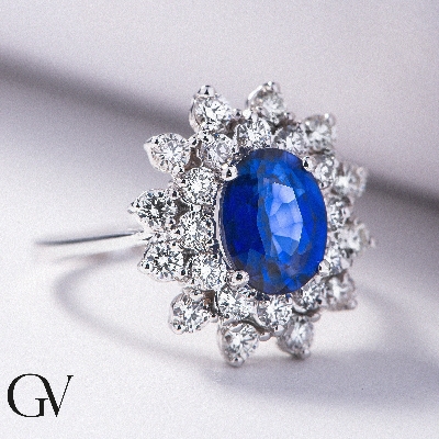 Diamond double halo ring with blue sapphire white gold 18k