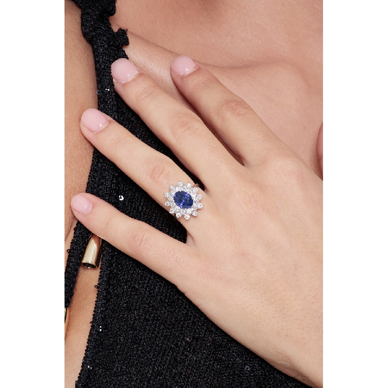 Diamond double halo ring with blue sapphire white gold 18k