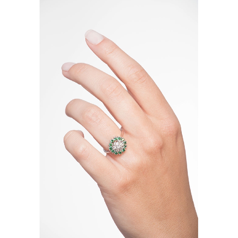 White gold 18k ring with halo emeralds and diamonds 