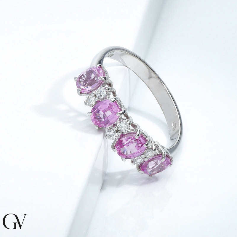 18k white gold ring with four pink sapphires and diamonds 