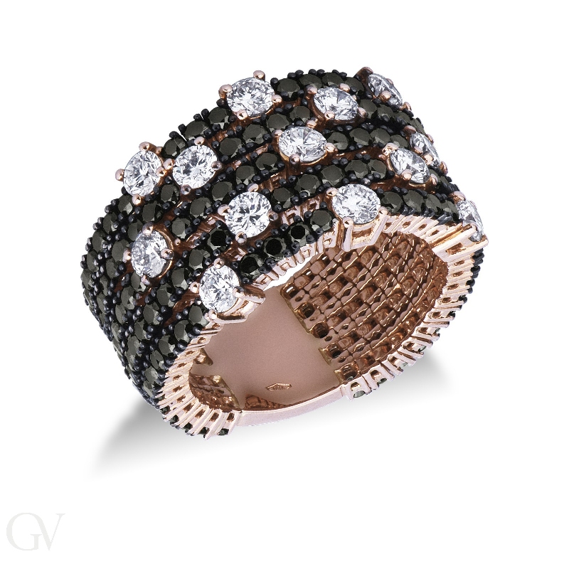 Tennis ring in rosé gold 18k with 5 rows of black and white diamonds 