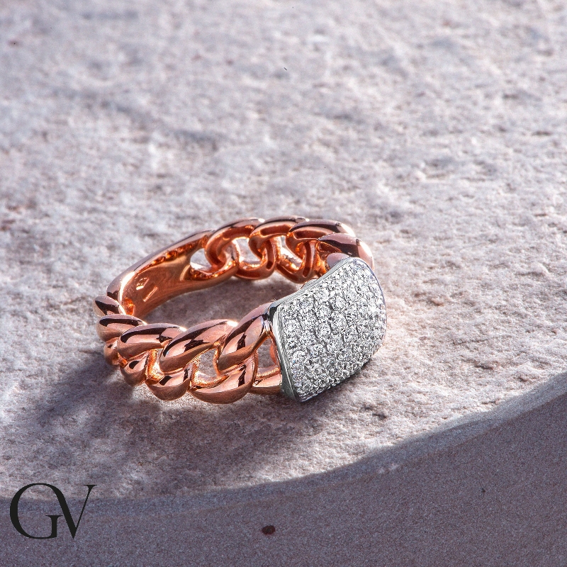 White and rose gold 18k groumette ring with diamonds 