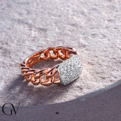 White and rose gold 18k groumette ring with diamonds 
