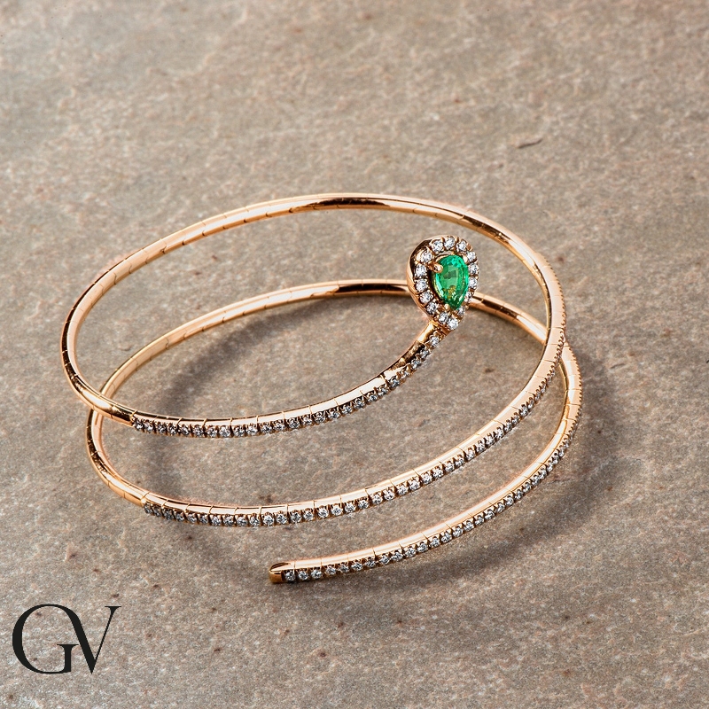 18k rose gold spring bracelet with diamonds and emeralds