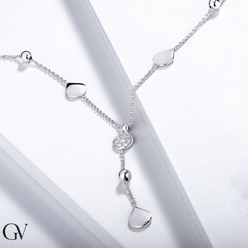 Necklace in white gold 18k with drops and glossy spheres with central drop in diamonds 