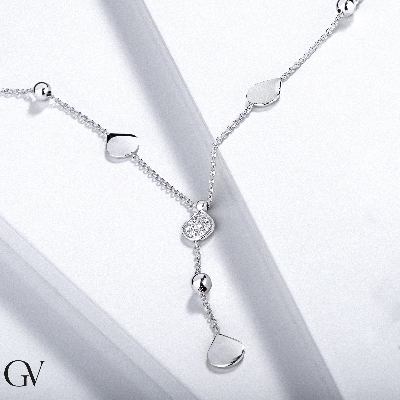 Necklace in white gold 18k with drops and glossy spheres with central drop in diamonds 