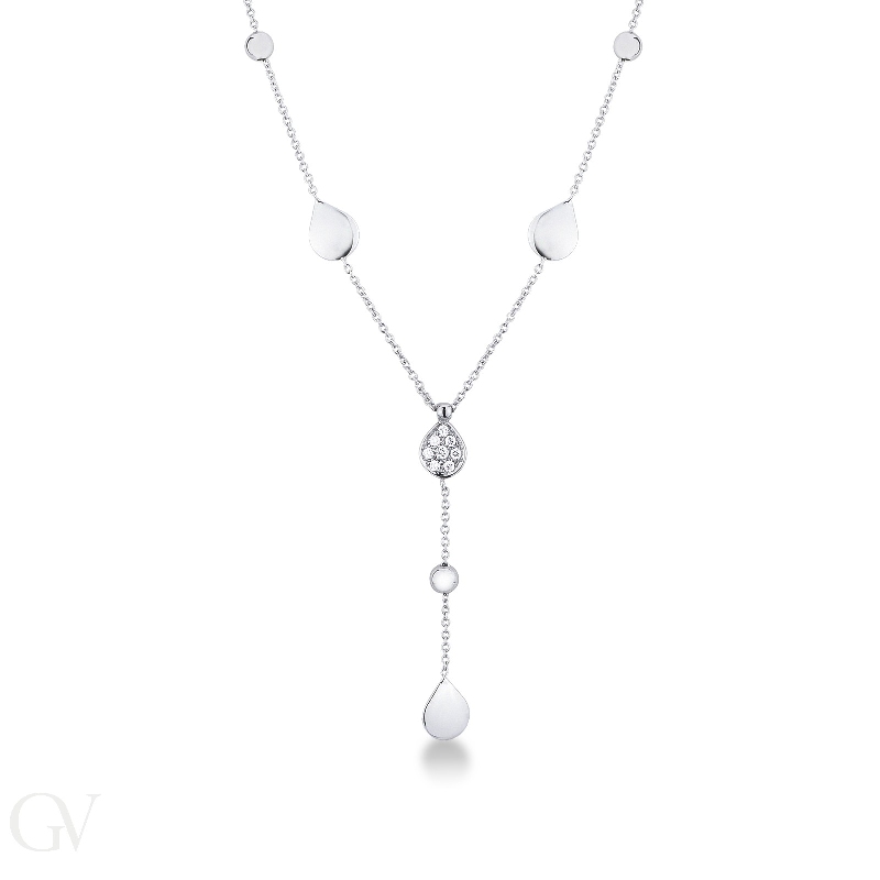 Necklace in white gold 18k with drops and glossy spheres with central drop in diamonds 