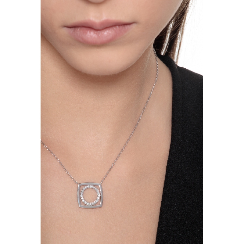 18k white gold necklace circle and square pendant with diamonds