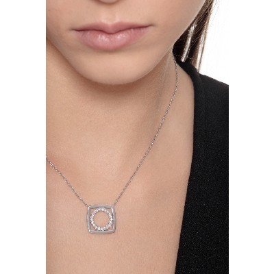 18k white gold necklace circle and square pendant with diamonds