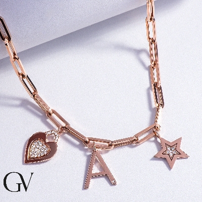 18k rose gold necklace with 3 charms and diamonds