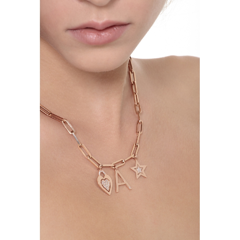18k rose gold necklace with 3 charms and diamonds