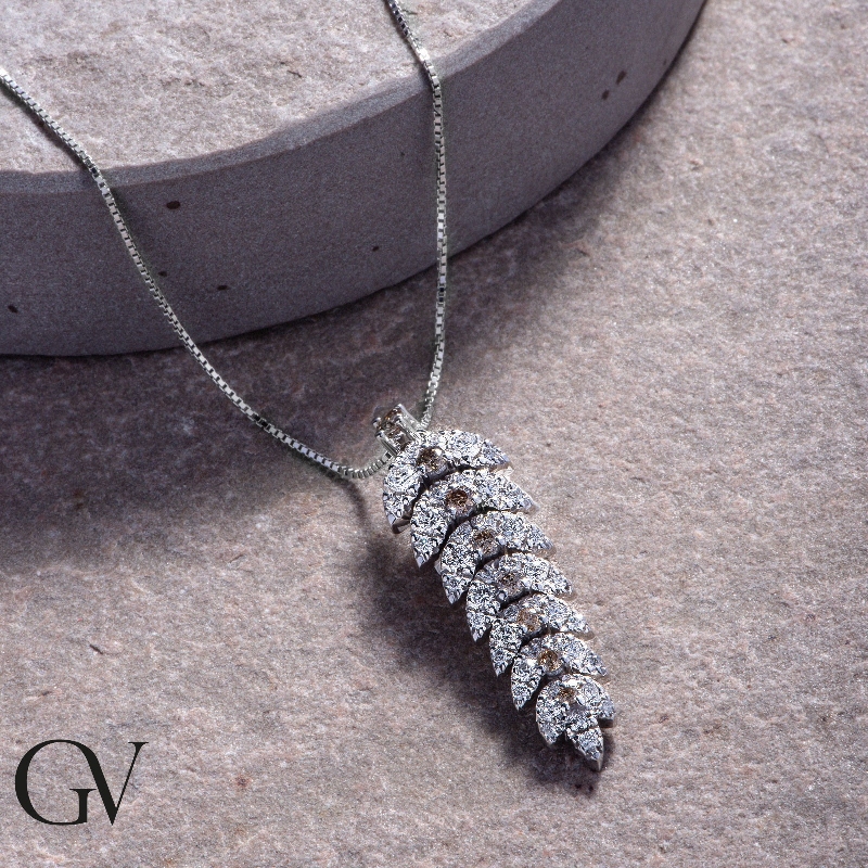 18k white gold ear of corn pendant with Brown and white diamonds