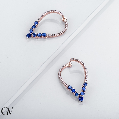 Rose gold 18k oval earrings with blue sapphires and diamonds 