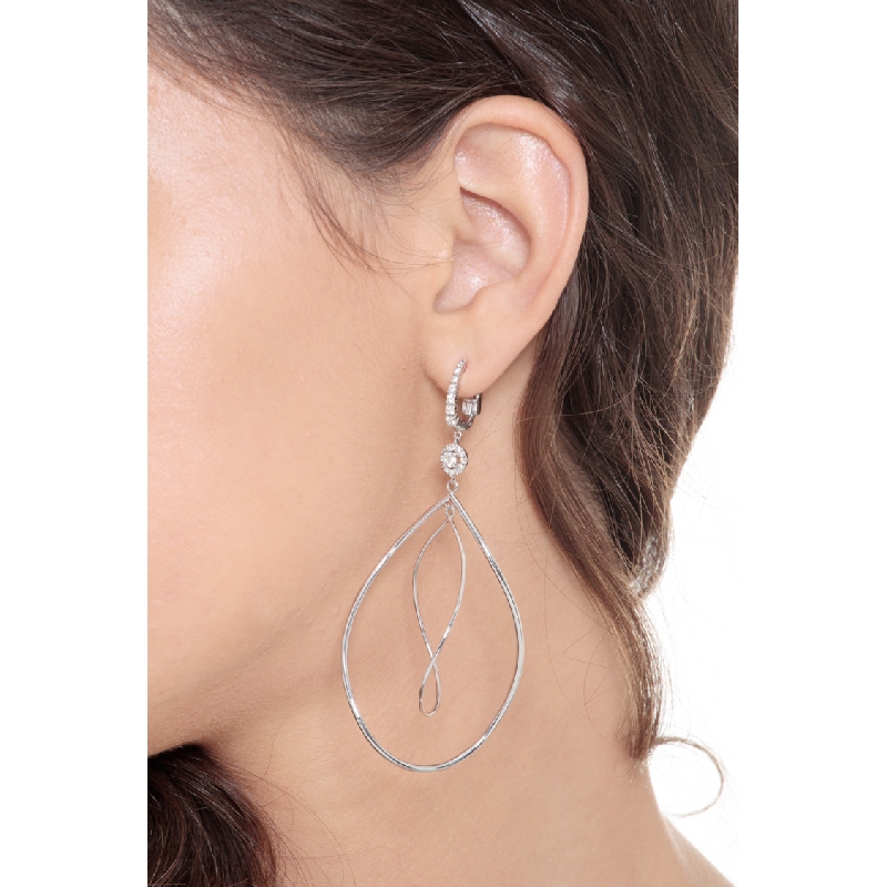 White gold 18k drop earrings with big oval pendant and diamonds 