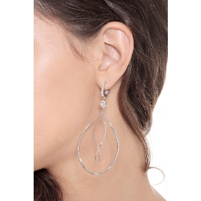 White gold 18k drop earrings with big oval pendant and diamonds 
