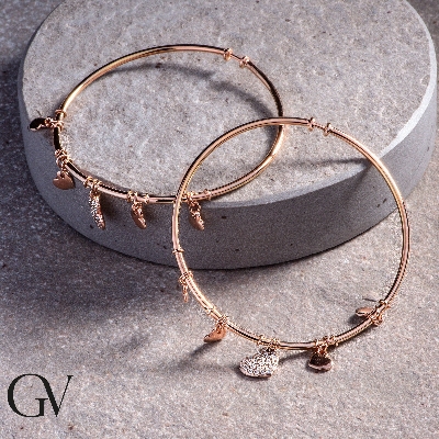 18k rose gold hoop earrings with heart pendants and diamonds 