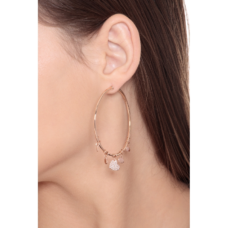 18k rose gold hoop earrings with heart pendants and diamonds 